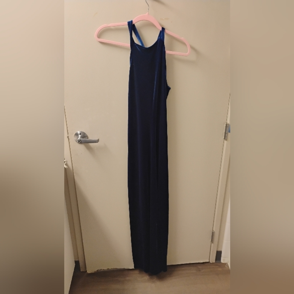 Vintage 1990s 2000s Geary Roark For Kamisato Halter Blue Velvet Maxi Dress Gown